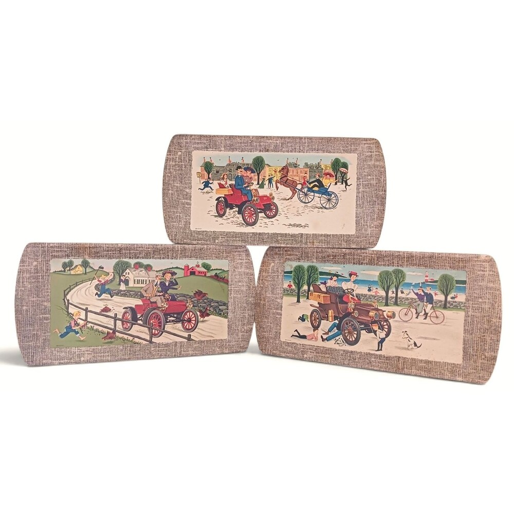 Vtg 1953 Set of 3 Kentley Antique Autos Pressed Board Serving Trays MCM 17.25" L
